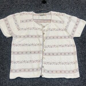 Vintage Reba Rose Cardigan Large Cotton Knit Pastel Geometric Short Sleeve